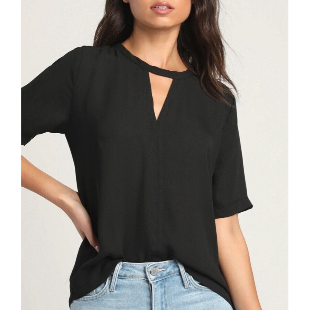 Lulus Black Split V-Neck Short Sleeve Chiffon Blouse Keyhole Back S Top
